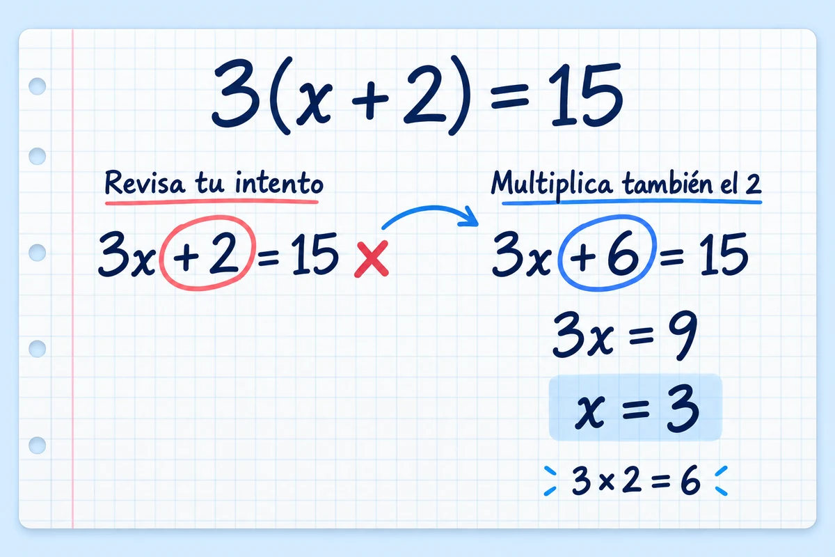 Corrección de 3(x + 2) = 15: distribuir el 3 da 3x + 6 = 15, y la solución es x = 3.