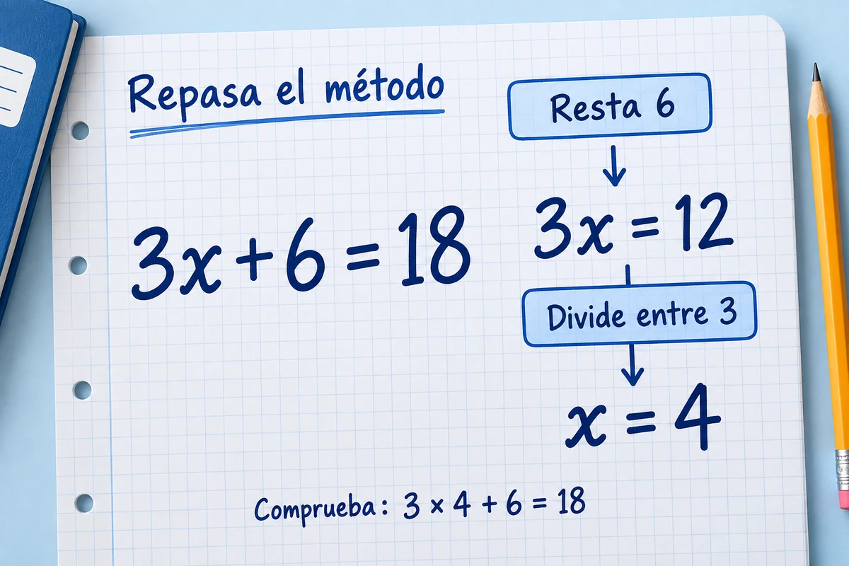 Repaso de la ecuación 3x + 6 = 18: resta 6, divide entre 3 y comprueba que x = 4.