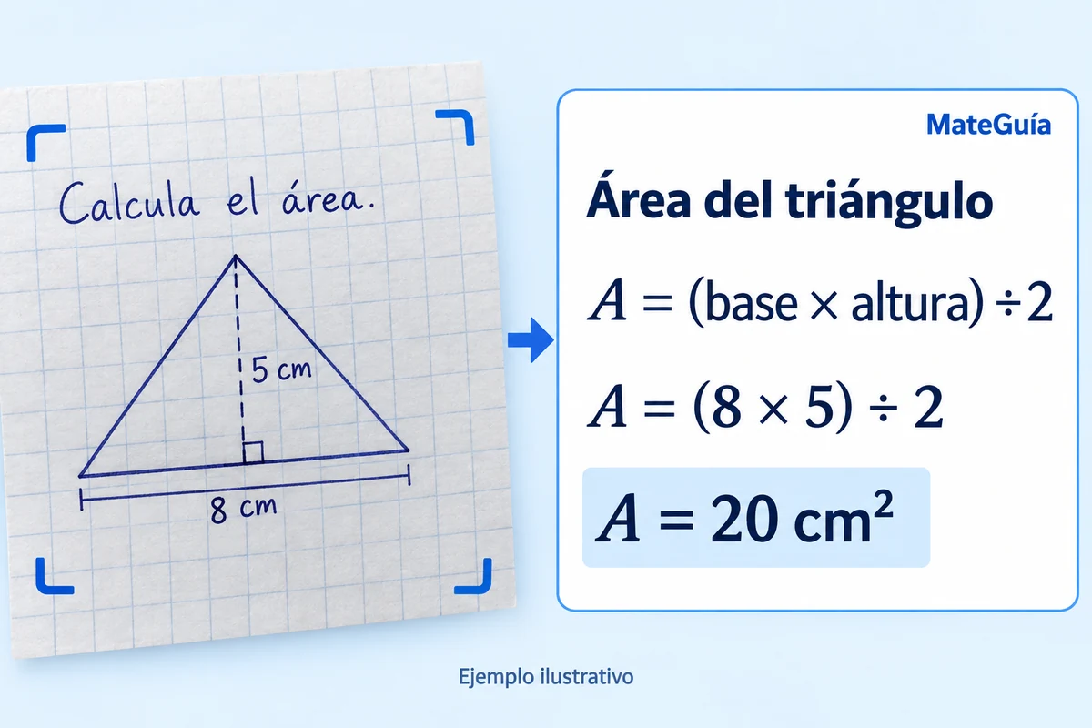 Ejemplo de una foto de un triángulo de base 8 cm y altura 5 cm, con los pasos para obtener un área de 20 cm².