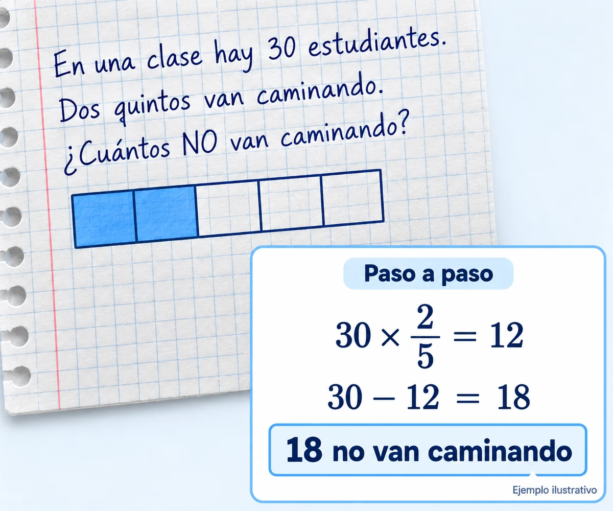 Ejemplo de una clase de 30 estudiantes: dos quintos caminan, y los pasos muestran que 18 no caminan.